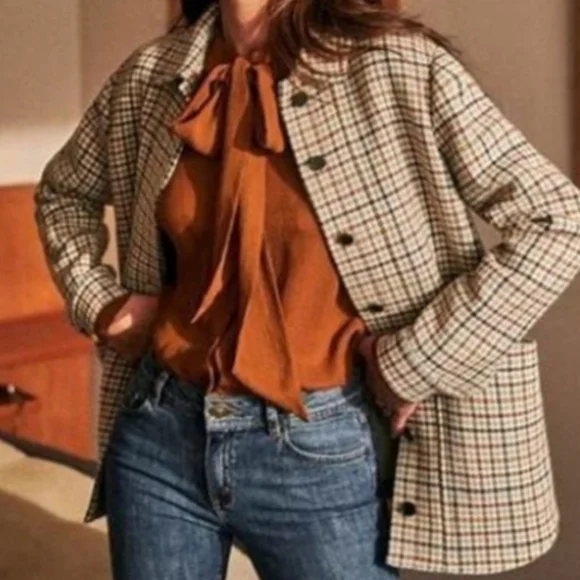 SÉZANE Will Cream Brown Houndstooth Plaid Wool Jacket RARE size Small NWT - Picture 2 of 13